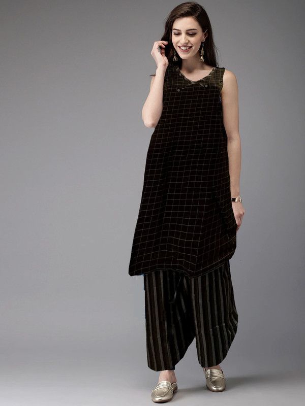 Semi Stitched Cotton Blend Kurta & Palazzo Material Checkered