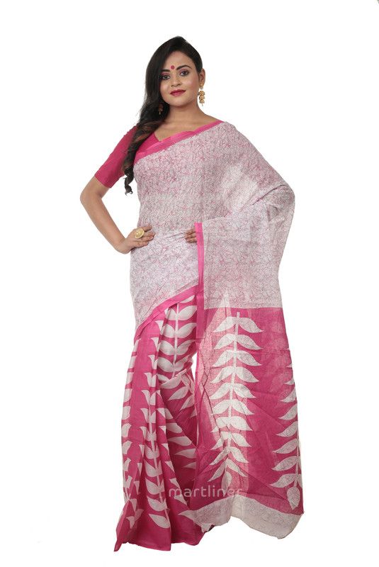 Self Design, Floral Print, Digital Print Handloom Handloom Pure Cotton Saree  (White, Pink)