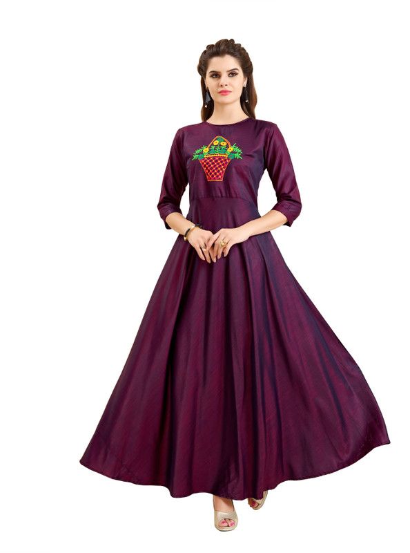 Self Design Cotton Blend Stitched Flared/A-line Gown  (Purple)