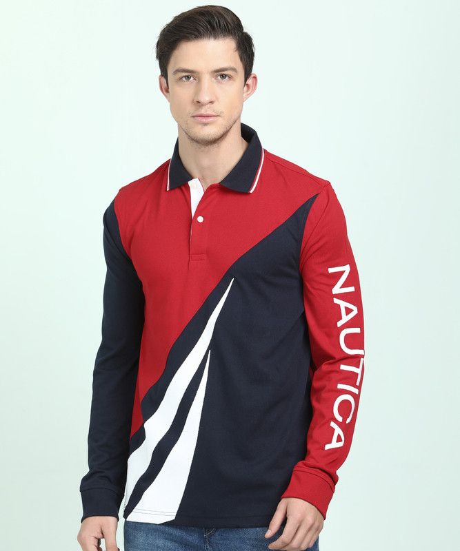Men Colorblock Polo Neck Cotton Blend Dark Blue, Red T-Shirt