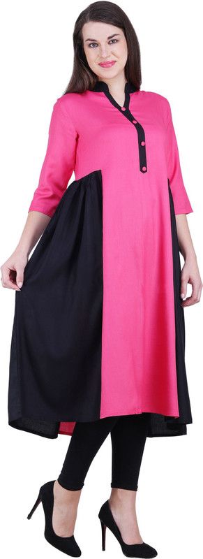 Women Colorblock Cotton Blend Flared Kurta  (Pink)