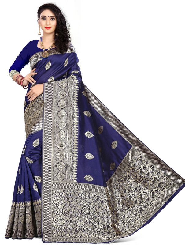 Woven Banarasi Silk Blend, Cotton Blend Saree  (Dark Blue)
