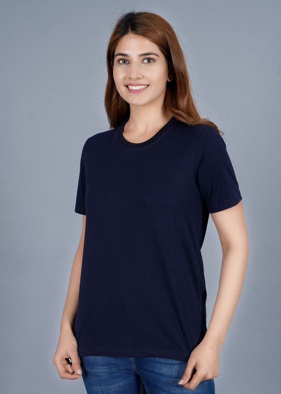 Regular cotton blend T-shirt Women Solid Round Neck Cotton Blend Blue T-Shirt