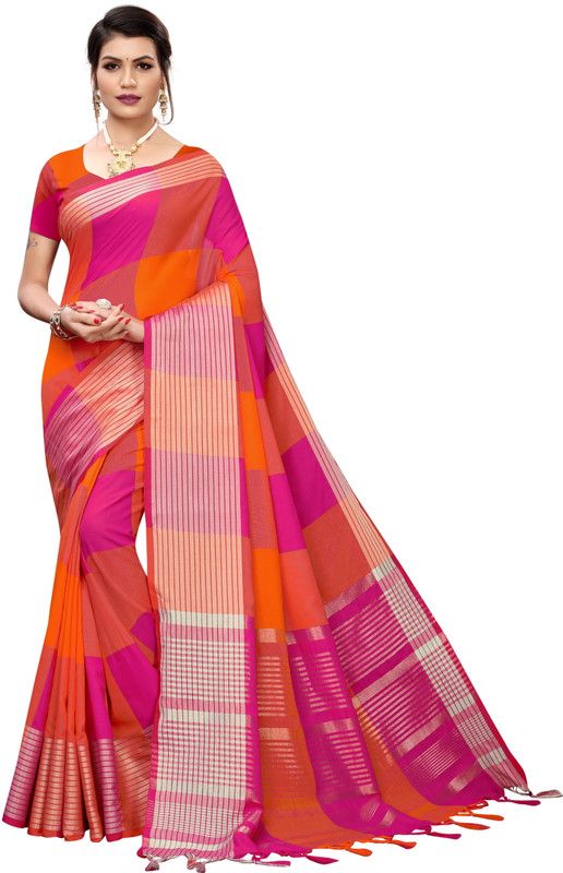 Checkered Bollywood Cotton Blend, Art Silk Saree  (Magenta)