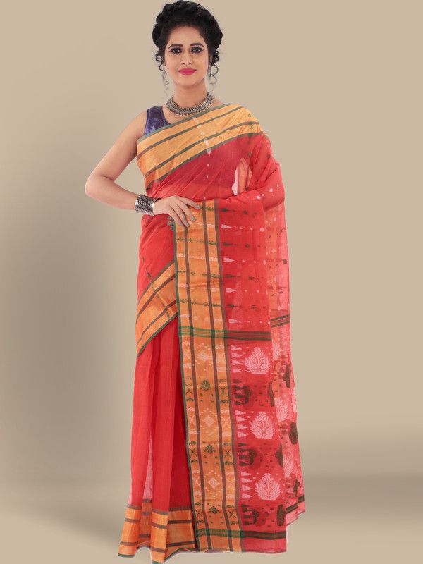 Temple Border Daily Wear Pure Cotton Saree  (Red)