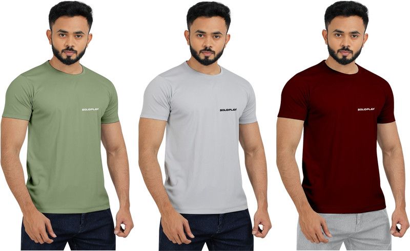 Pack of 3 Men Solid Round Neck Elastane Silver, Maroon, Light Green T-Shirt