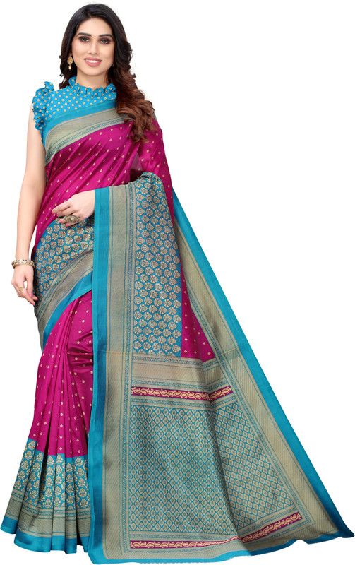 Printed, Self Design, Geometric Print Mysore Art Silk Saree  (Light Blue)