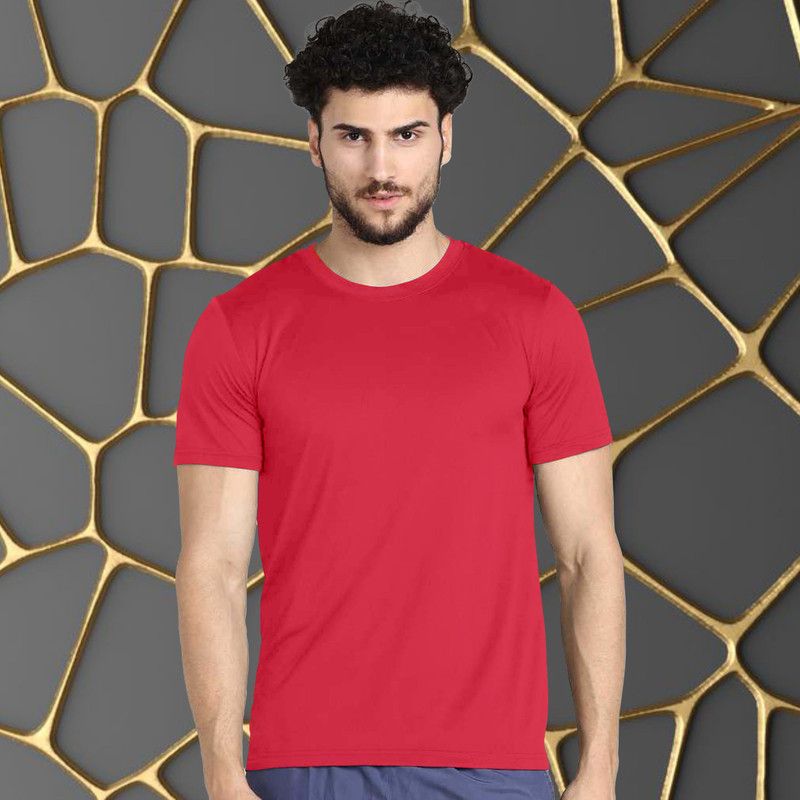 London Hills Men's Polyester Round Neck Cherry Red Solid T-Shirt