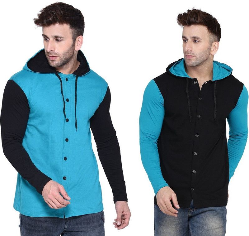 Men Color Block Casual Black, Blue Shirt  (Pack of 2)