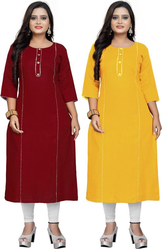 Pack of 2 Women Solid Cotton Blend Straight Kurta  (Purple, Dark Blue)
