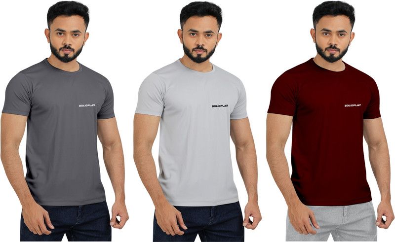 Pack of 3 Men Sporty, Solid Round Neck Elastane Silver, Maroon, Grey T-Shirt