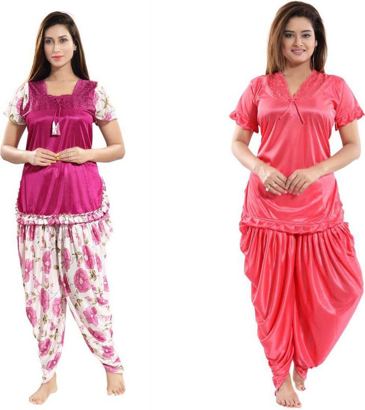 Women Top & Pyjama Set Pink, Multicolor Printed, Solid
