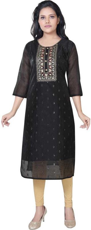 Women Embroidered Cotton Silk Straight Kurta  (Black)