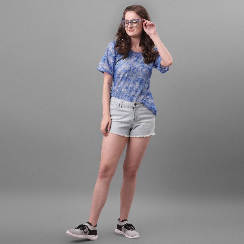 Casual Regular Sleeves Self Design Women Blue, Grey Top