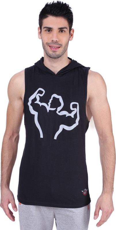 Gym Training Activity Men Graphic Print Hooded Neck Cotton Blend Dark Blue T-Shirt