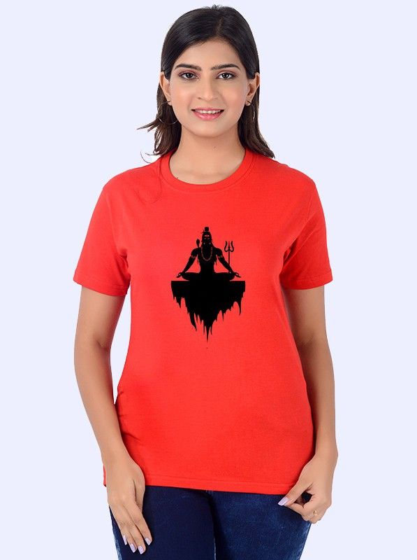 Women Abstract Round Neck Cotton Blend Red T-Shirt