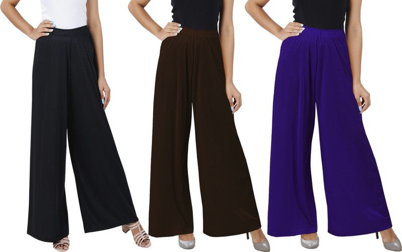 Pack of 3 Women Flared Black, Brown, Purple Cotton Blend Trousers