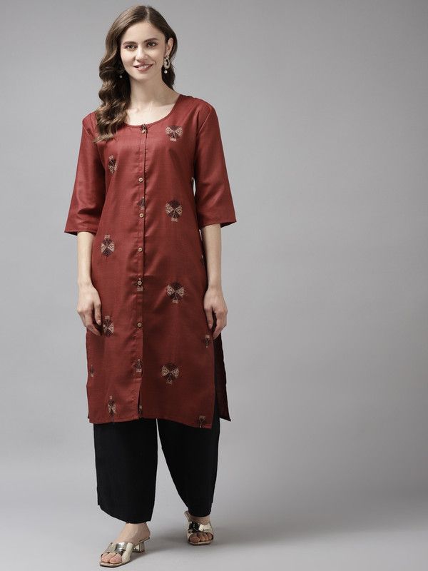 Women Embroidered Pure Cotton Anarkali Kurta  (Maroon)