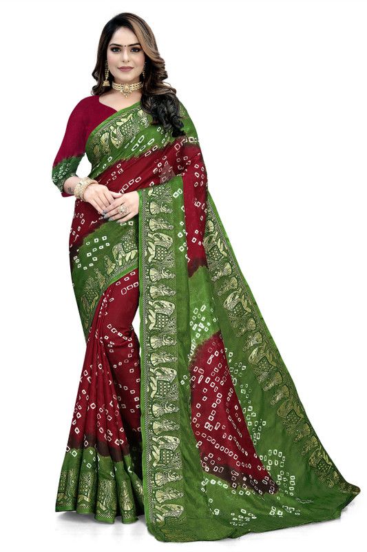 Printed, Self Design Bandhani Art Silk Saree  (Maroon, Light Green)