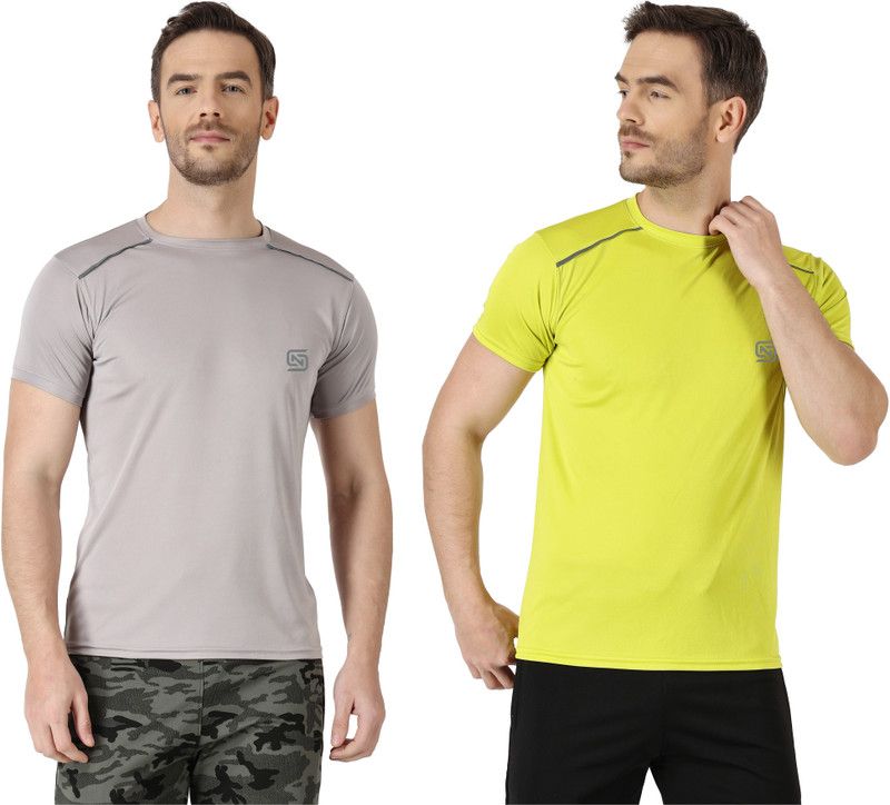 Pack of 2 Men Solid Round Neck Polyester Silver, Light Green T-Shirt