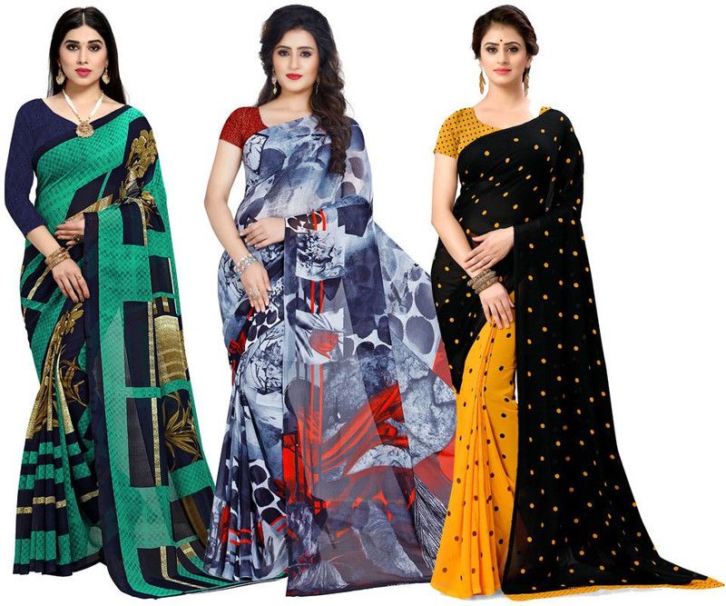 Printed, Graphic Print, Polka Print Daily Wear Georgette Saree  (Pack of 3, Green, Blue, Black, Grey, Yellow)
