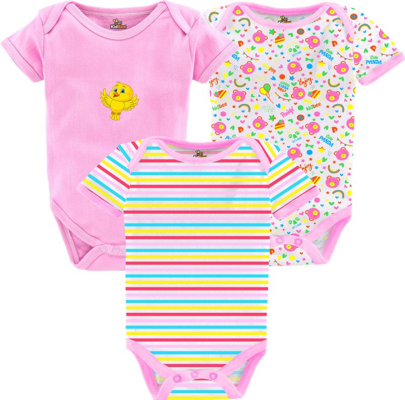 Romper For Baby Boys & Baby Girls Casual Printed Hosiery, Cotton Blend  (Pink, Pack of 3)