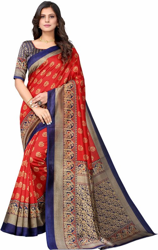 Digital Print, Printed, Woven Banarasi Pure Silk Saree  (Red, Dark Blue)