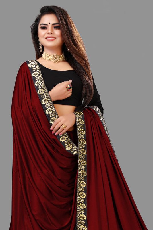 Solid/Plain Daily Wear Lycra Blend Saree  (Maroon)