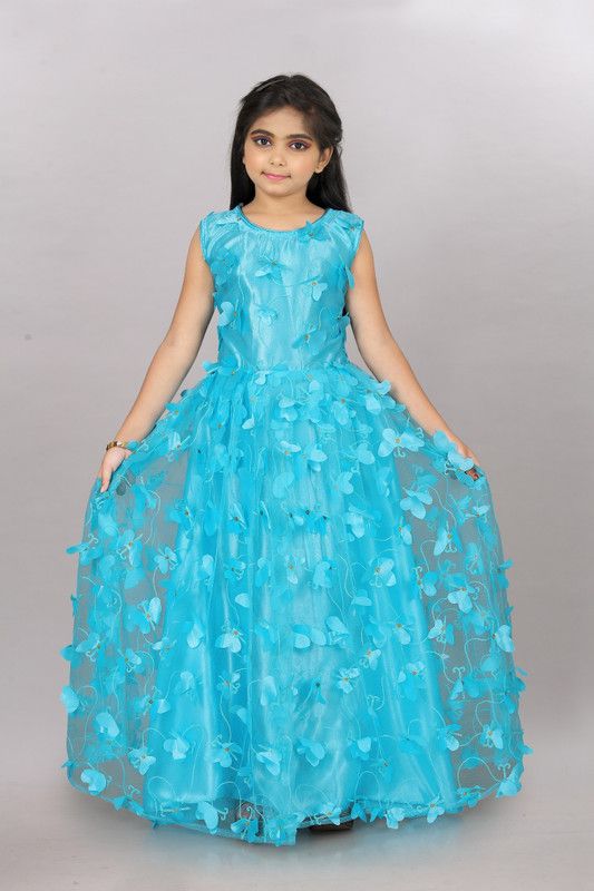 Self Design Net Stitched Flared/A-line Gown  (Light Blue)