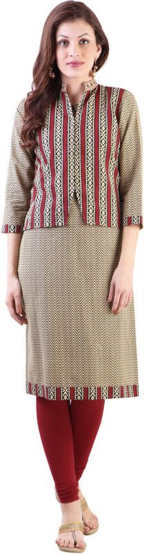 Women Geometric Print Cotton Blend Straight Kurta  (Beige)
