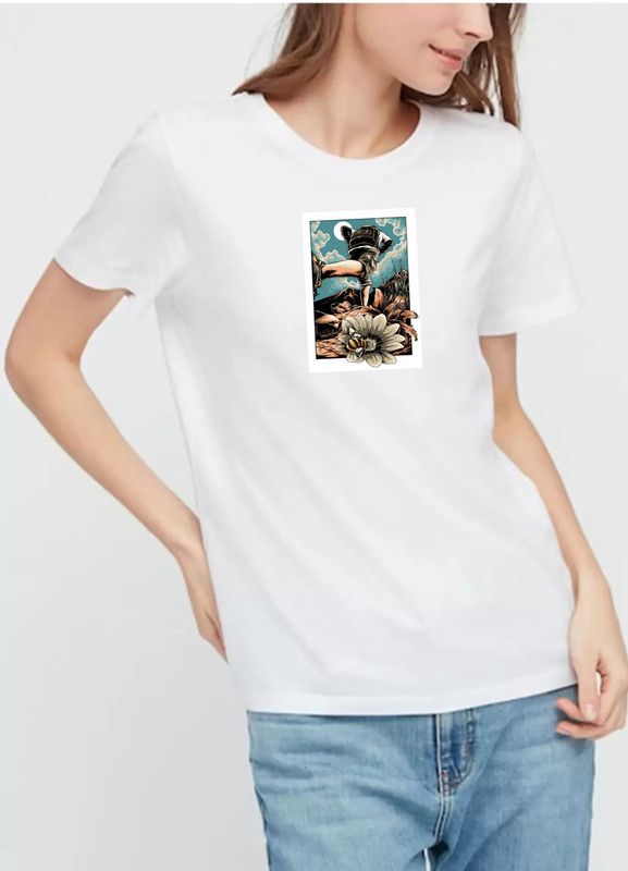 OVERSIZETSHIRT, WESTERNWEAR, BOYFRIENDTSHIRT, GRAFICSPRINTTSHIRT Women Printed Round Neck Cotton Blend White T-Shirt