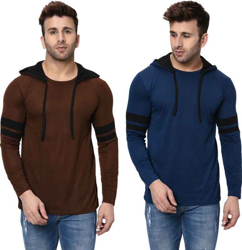 Pack of 2 Men Colorblock Hooded Neck Cotton Blend Dark Blue, Brown T-Shirt