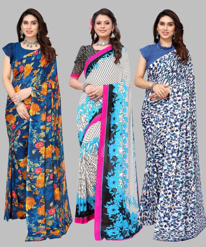 Printed Daily Wear Georgette Saree  (Pack of 3, Blue, White, White)