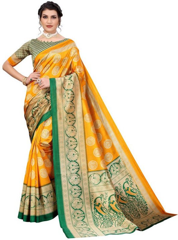 Printed Mysore Georgette Saree  (Yellow)