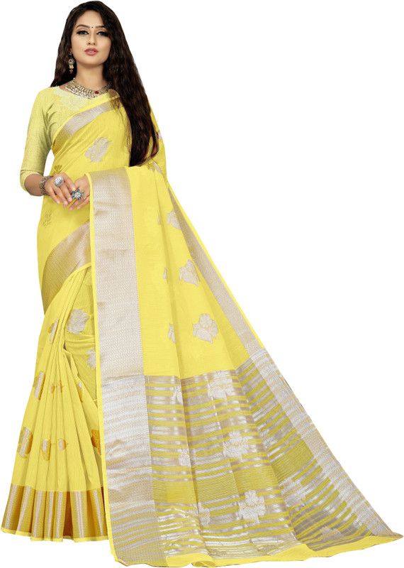 Woven Jamdani Linen Saree  (Yellow)