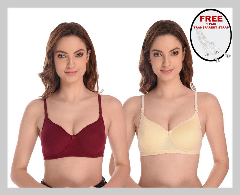 Women Full Coverage Lightly Padded Bra  (Maroon, Beige)