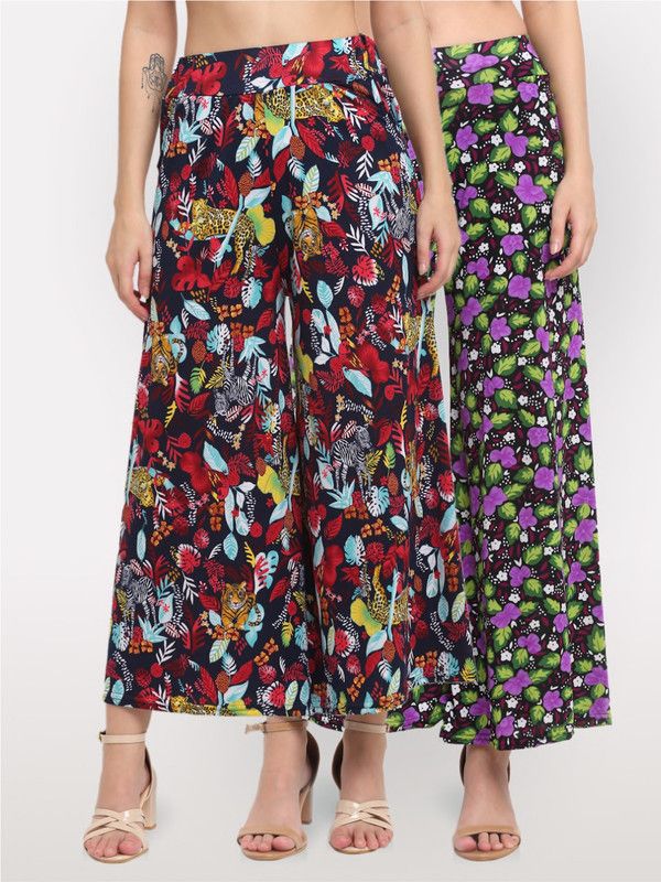Pack of 2 Women Regular Fit Red, Multicolor Viscose Rayon Trousers