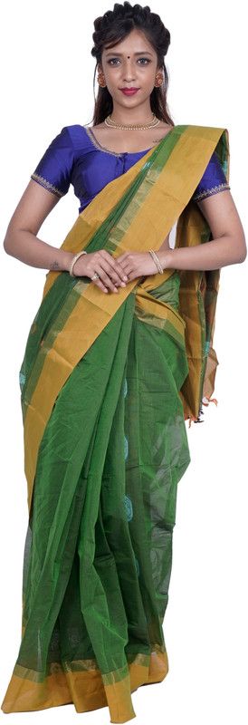 Woven Kanjivaram Pure Cotton Saree  (Dark Green)