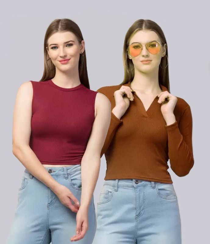 Pack of 2 Casual Sleeveless Solid Women Green, Maroon Top