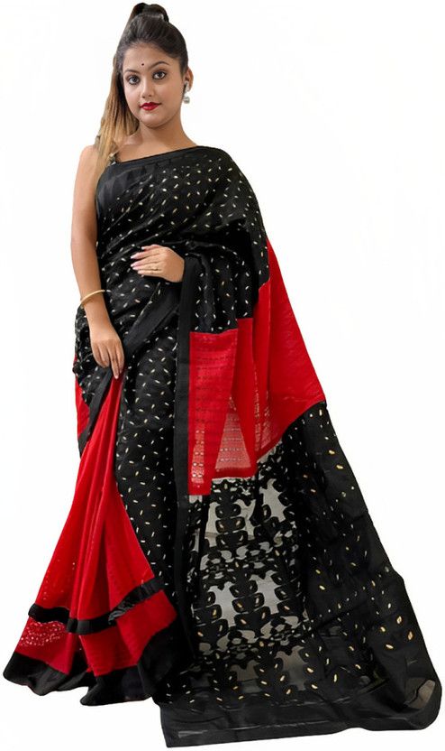 Solid/Plain Narayanpet Cotton Blend Saree  (Black)
