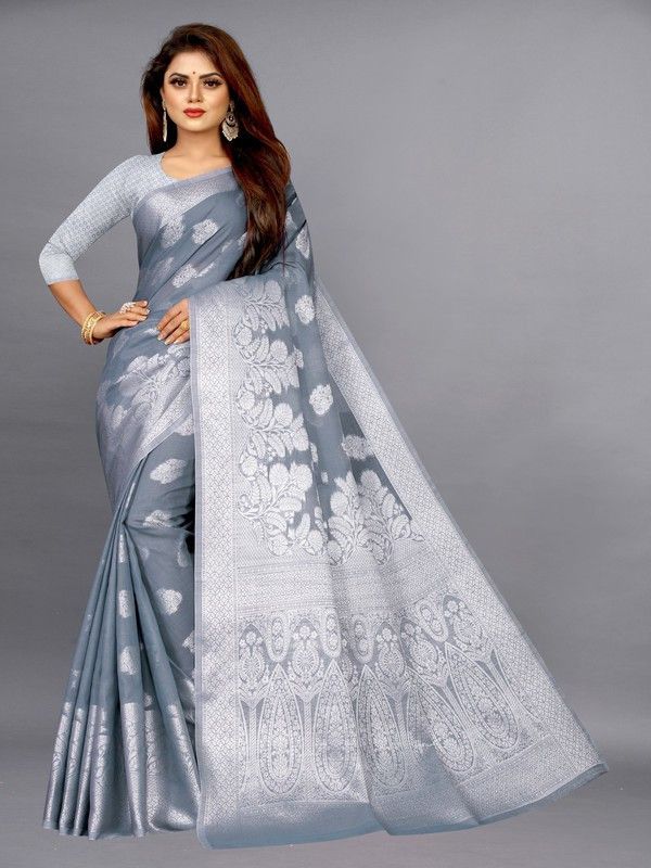 Floral Print Kalamkari Cotton Silk Saree  (Grey)
