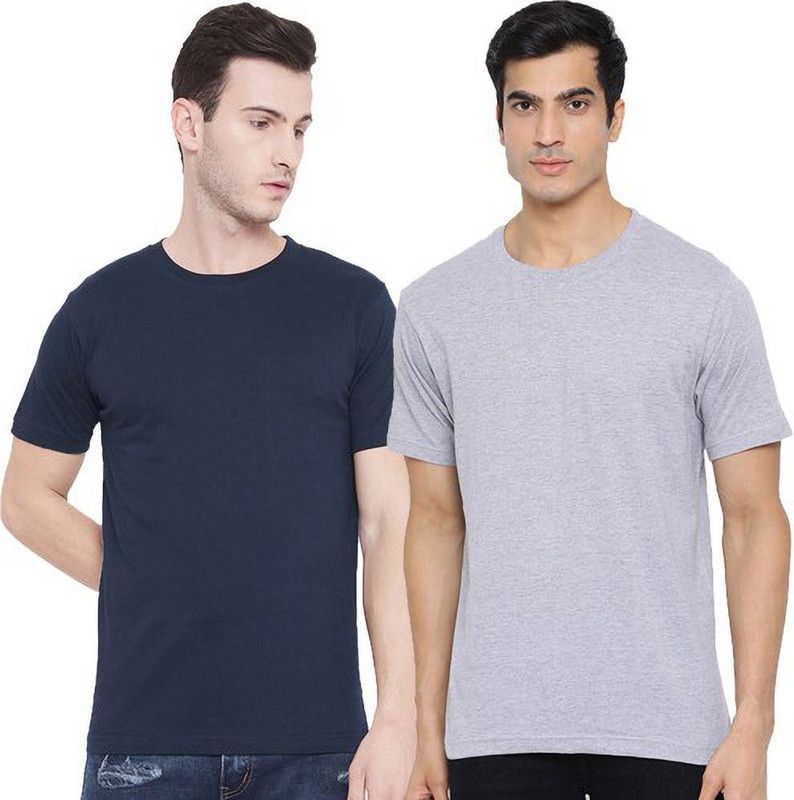 Pack of 2 Men Solid Round Neck Pure Cotton Dark Blue, Grey T-Shirt