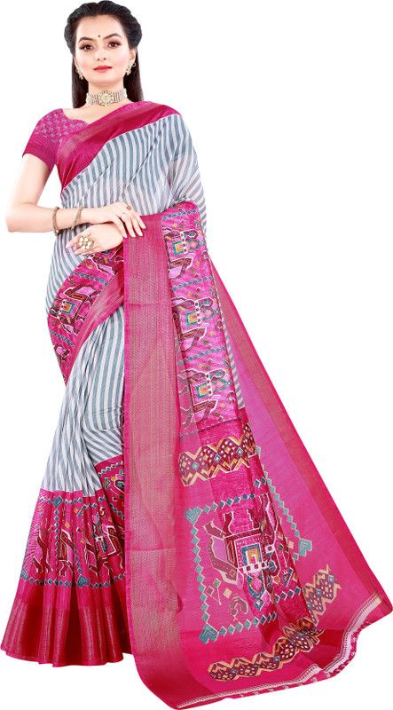 Striped Bollywood Silk Blend, Art Silk Saree  (Grey)