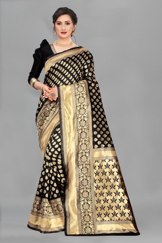 Banarasi Jacquard Saree  (Black, Gold)