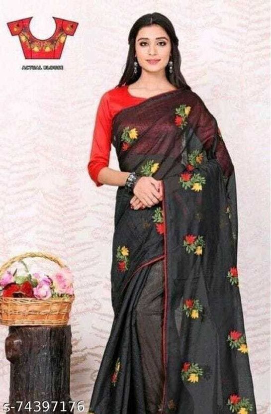Embroidered Bollywood Cotton Blend, Chanderi Saree  (Black)