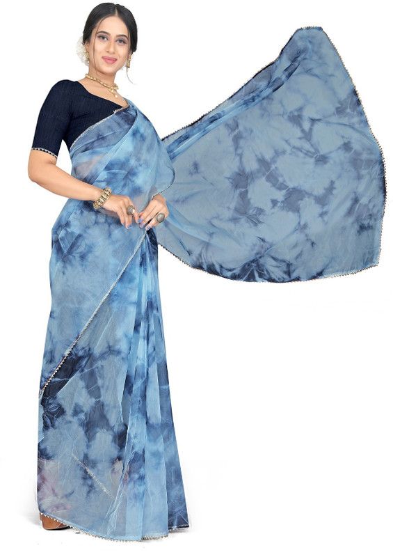Embellished Fashion Organza Saree  (Grey, Blue)