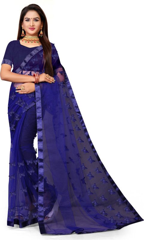 Applique Bollywood Silk Blend, Net Saree  (Dark Blue)