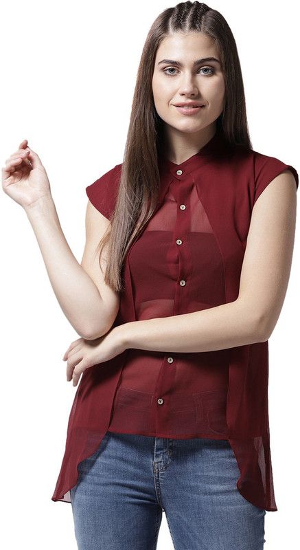 Casual Cap Sleeves Solid Women Maroon Top