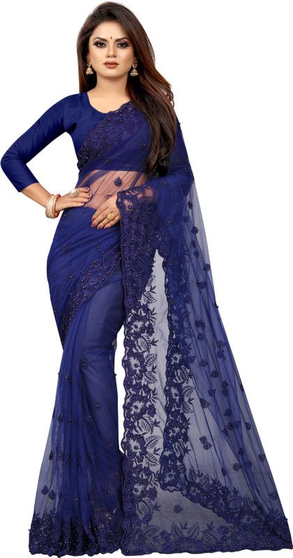 Embroidered Bollywood Net Saree  (Blue)