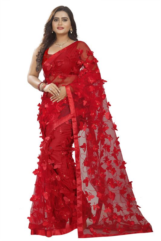 Embroidered Bollywood Net Saree  (Red)
